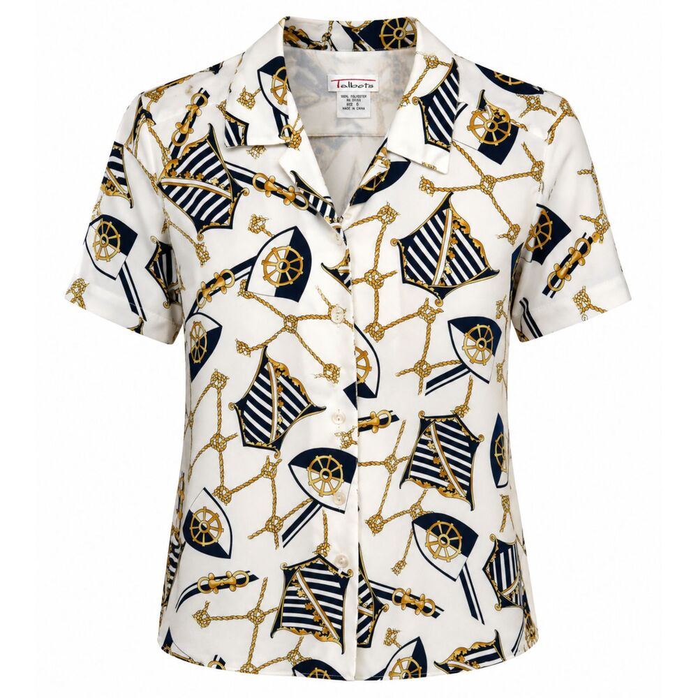 Talbots Nautical Sailboat Rope Print Button Front Blouse Women's Size 6 - Picture 4 of 4